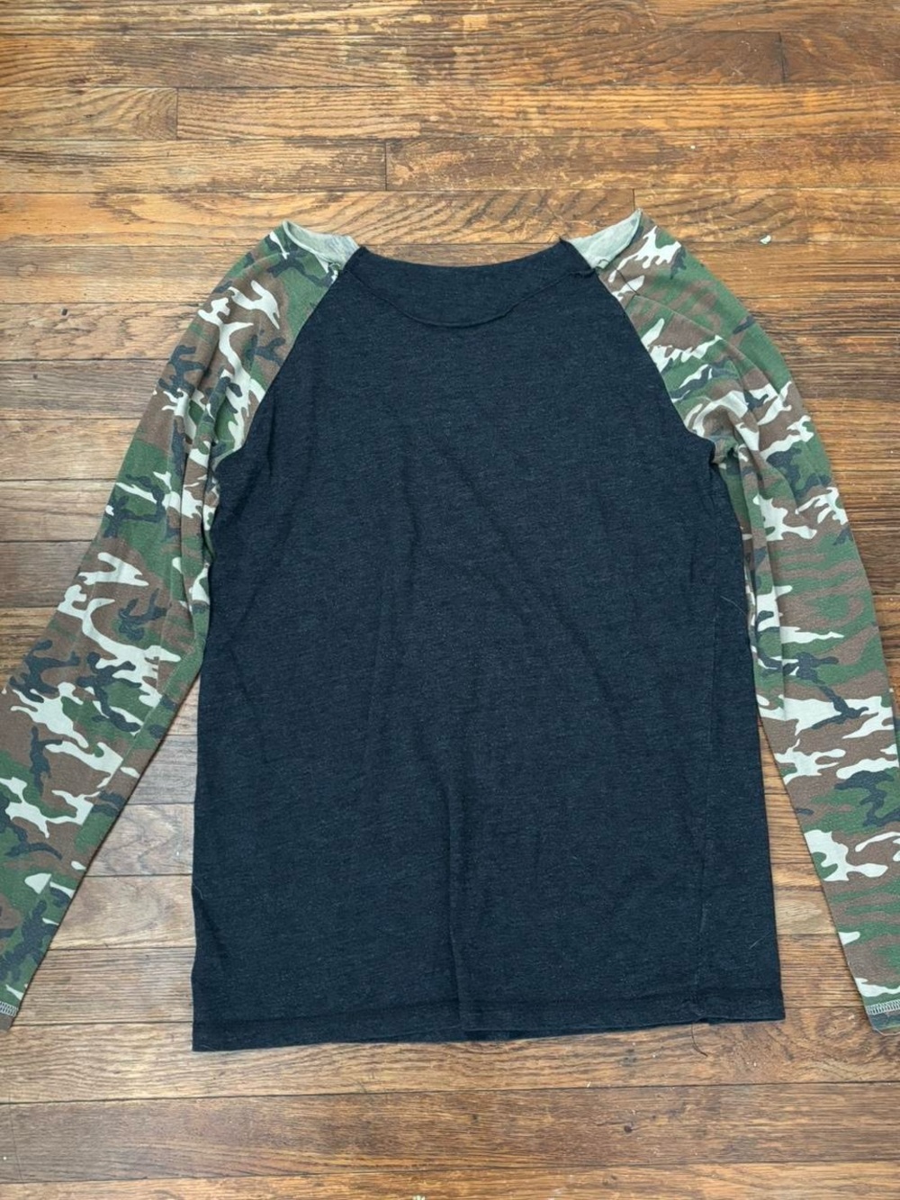 off the shoulder grey and camo long sleeve